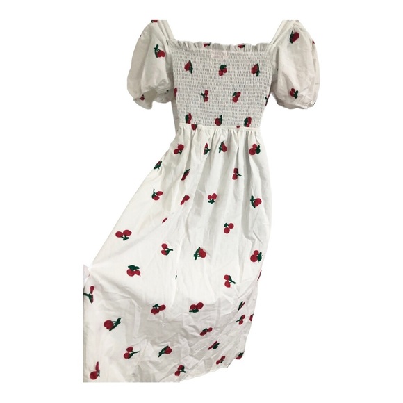 White cherry print puff‎ sleeve doen look smocked cottage dress size medium new - Picture 7 of 15